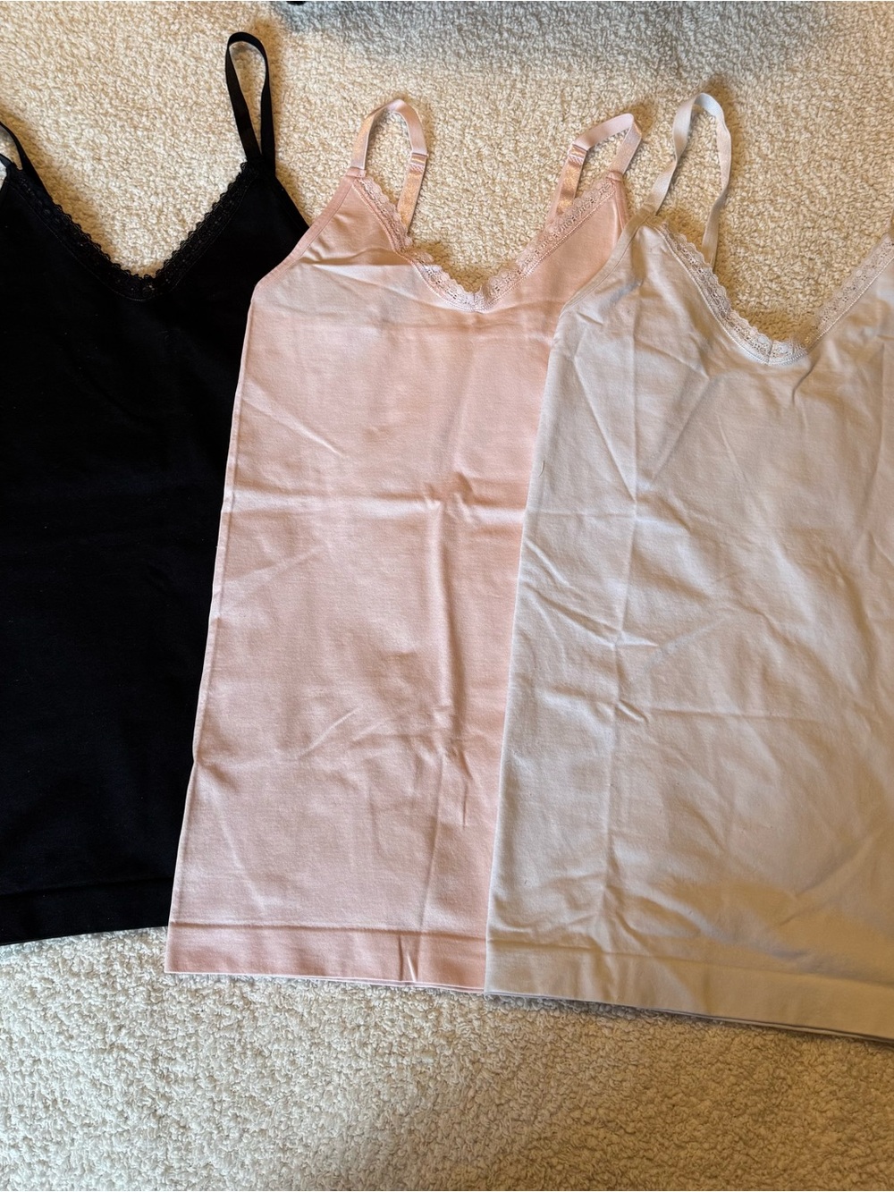 3-Pack Lace Trim Cami Tank Tops - Black, Light Pink, Light Gray